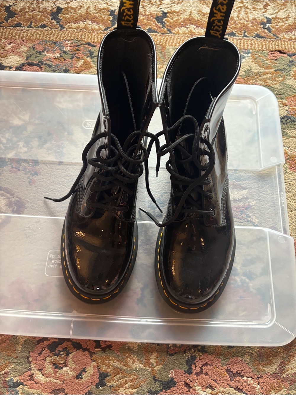 Dr. Martens Black Patent Lace-Up Combat Boots with Yellow Stitching